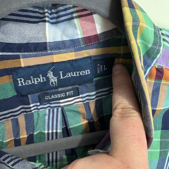 Ralph Lauren S/S Button Front Classic Shirt Blue Green Red Plaid L Preppy Summer - Picture 5 of 6